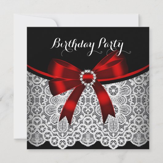 Invitation Elégante Red Bow Black Lace White Anniversaire Par (Devant)