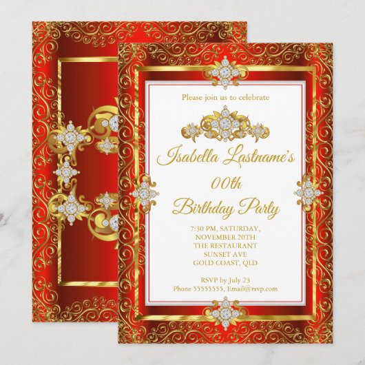 Invitation Elégante Red Damask Gold White Birthday Party (Devant / Derrière)