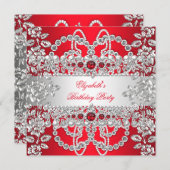Invitation Elégante Red Diamonds Silver Floral fête d'anniver (Devant / Derrière)