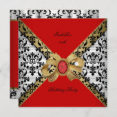 Invitation Elégante Red Gold Black White Damask Diamond Party (Devant / Derrière)