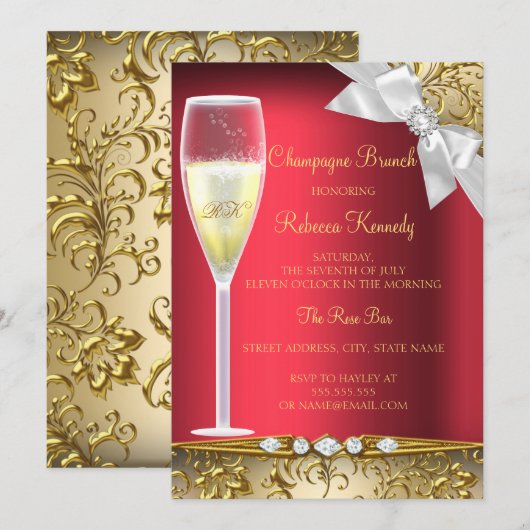 Invitation Elégante Red Gold White Champagne Brunch Invitatio (Devant / Derrière)