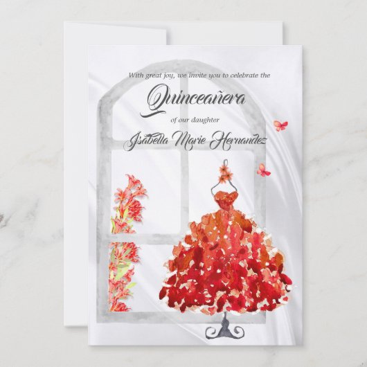 Invitation Elégante Red Gown & Butterflies Quinceañera (Devant)