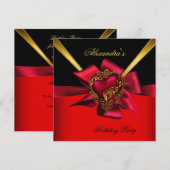 Invitation Elégante Red Heart Gold Classy Anniversaire Party  (Devant / Derrière)