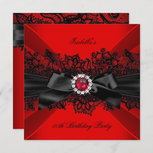 Invitation Elégante Red Pearl Black Lace Bow fête d'anniversa (Devant / Derrière)