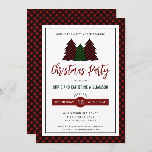 Invitation Élégante Red Plaid Motif Noël Fête de Noël (Devant / Derrière)