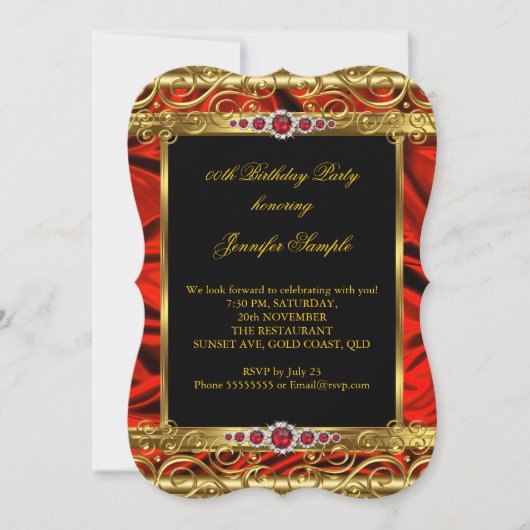 Invitation Elégante Regal Red Gold Damask Pearl fête d'annive (Devant)