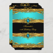 Invitation Elégante Regal Turquoise Black Gold fête d'anniver (Devant / Derrière)
