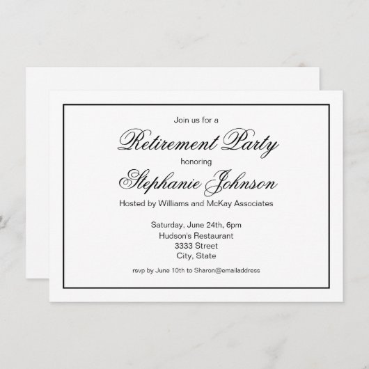 Invitation Élégante retraite Black and White Script Party (Devant / Derrière)