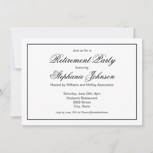 Invitation Élégante retraite Black and White Script Party (Devant)