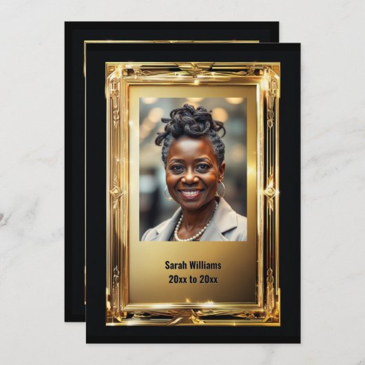Invitation Elégante retraite cadre or photo adieu fête (Devant / Derrière)