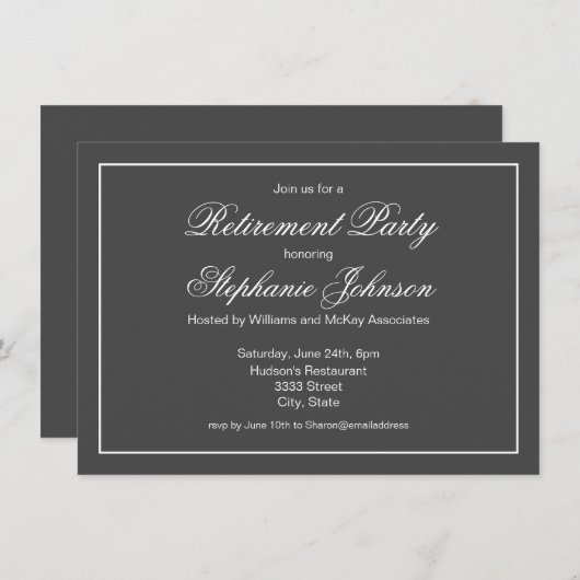 Invitation Élégante retraite Dark Grey Party (Devant / Derrière)
