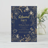 Invitation Élégante retraite florale ligne dorée sur fond ble (Debout devant)