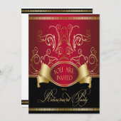 Invitation Élégante Retraite Party Red Gold & Bla (Devant / Derrière)