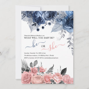 Invitation Élégante révélation de genre Floral Bleu Et Rose