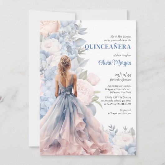 Invitation Elégante robe à boule rose et bleu floral aquarell (Devant)