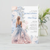 Invitation Elégante robe à boule rose et bleu floral aquarell (Debout devant)
