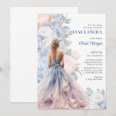 Invitation Elégante robe à boule rose et bleu floral aquarell (Devant / Derrière)