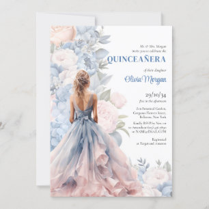Invitation Elégante robe à boule rose et bleu floral aquarell