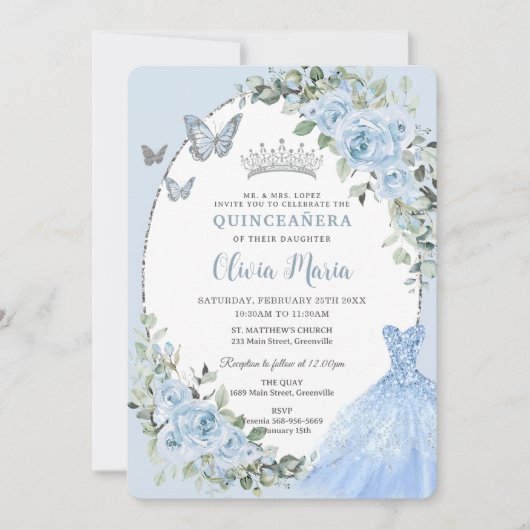 Invitation Elégante robe Bleu Floral Bleu Argent Quinceañera (Devant)