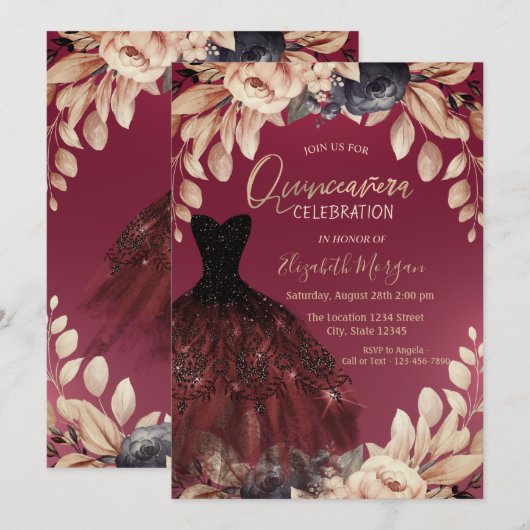 Invitation Elégante robe Bourgogne Floral Quinceañera (Devant / Derrière)