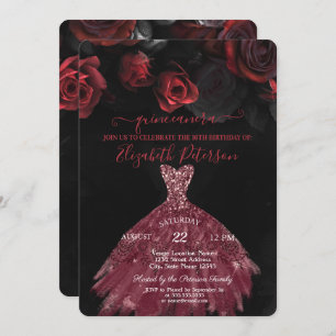 Invitation Élégante robe chic Roses rouges Quinceañera