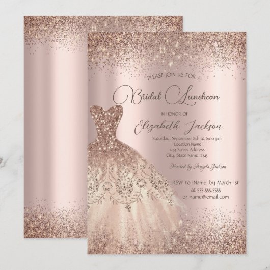 Invitation Élégante robe Confetti Rose Gold Bridal déjeuner (Devant / Derrière)