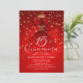 Invitation Élégante robe Couronne rouge et or Quinceanera (Debout devant)