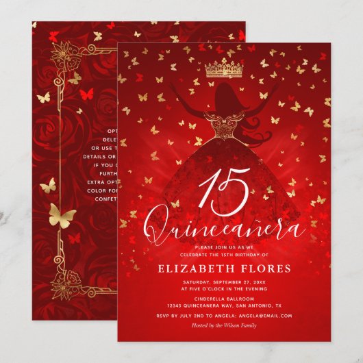Invitation Élégante robe Couronne rouge et or Quinceanera (Devant / Derrière)