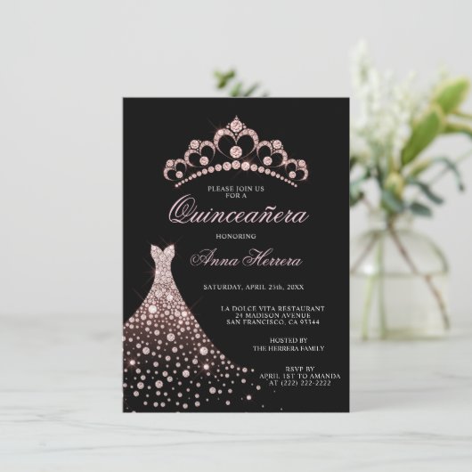 Invitation Elégante robe de gobelet Quinceañera rose noire Ti (Debout devant)