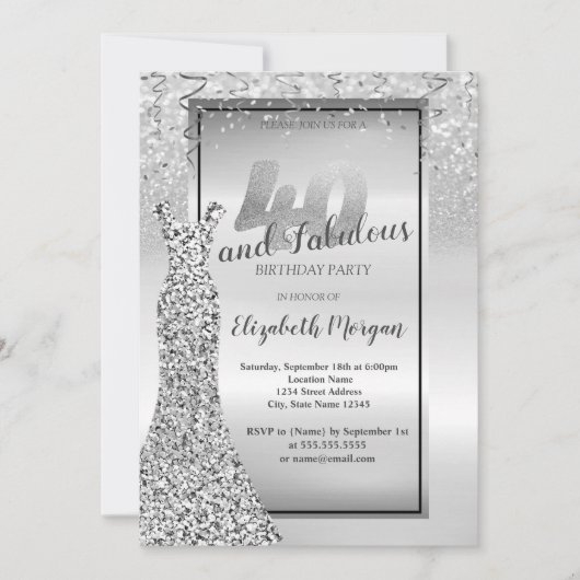 Invitation Elégante robe de Parties scintillant en argent 40e (Devant)