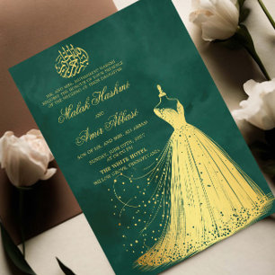 Invitation Elégante robe d'or Vert mariage musulman musulman 