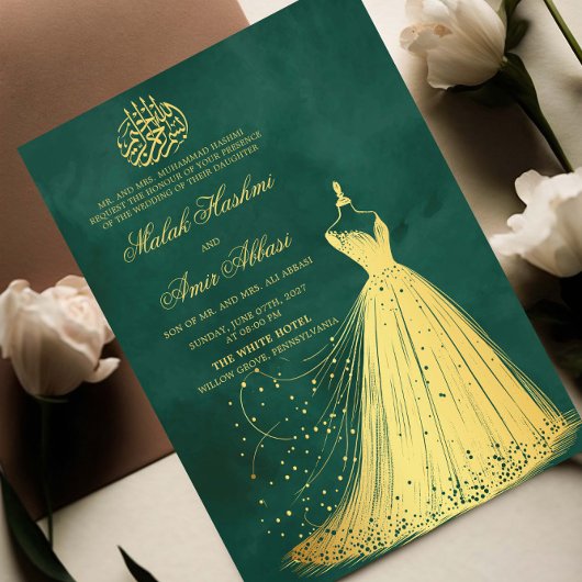 Invitation Elégante robe d'or Vert mariage musulman musulman