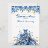 Invitation Elégante robe Floral Bleu Or Quinceanera (Devant)