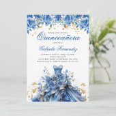 Invitation Elégante robe Floral Bleu Or Quinceanera (Debout devant)
