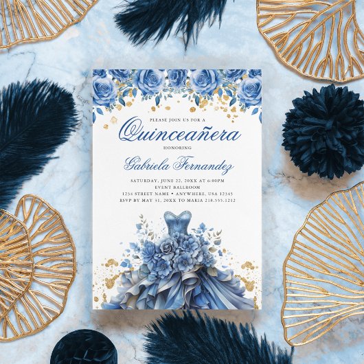Invitation Elégante robe Floral Bleu Or Quinceanera