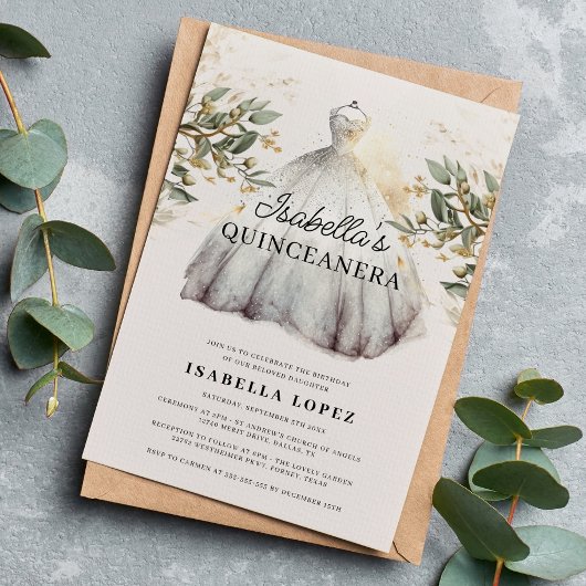 Invitation Élégante robe florale et princesse Quinceanera