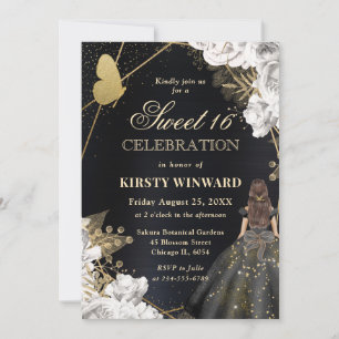 Invitation Élégante robe noire Brunette Femme Floral Sweet 16
