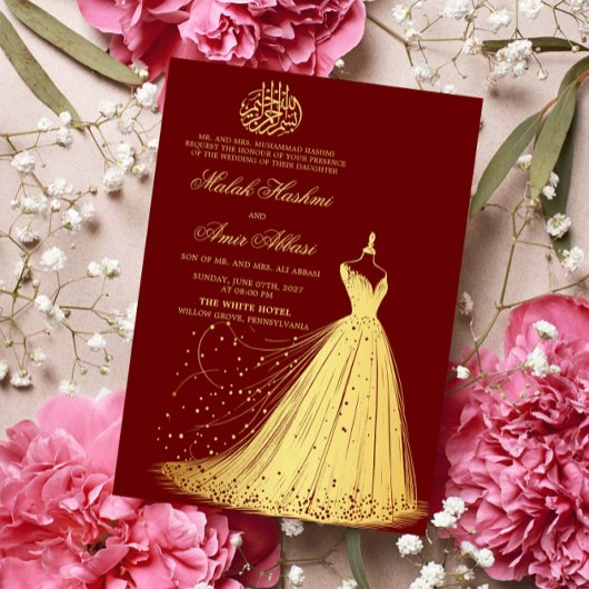 Invitation Elégante robe or Bourgogne musulmane mariage musul