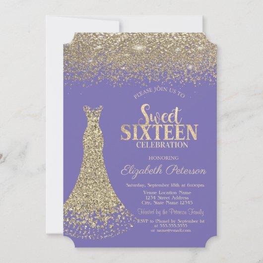 Invitation Élégante robe or Diamants Lavander Sweet 16 (Devant)