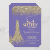 Invitation Élégante robe or Diamants Lavander Sweet 16 (Devant / Derrière)