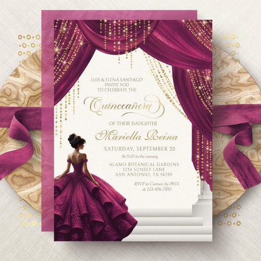 Invitation Élégante robe princesse Bourgogne Quinceanera