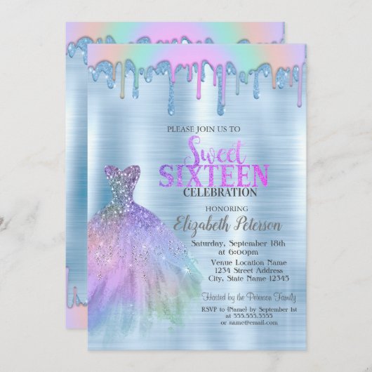 Invitation Elégante robe Rainbow Drivers Blue Metallic (Devant / Derrière)