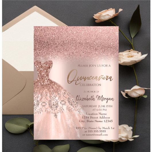 Invitation Élégante robe Rose de Parties scintillant d'or Qui