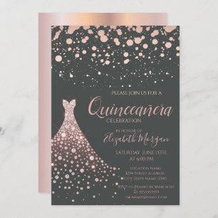 Invitation Élégante robe Rose en diamants or Quinceañera
