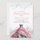 Invitation Élégante robe rose florale Quinceanera (Devant)