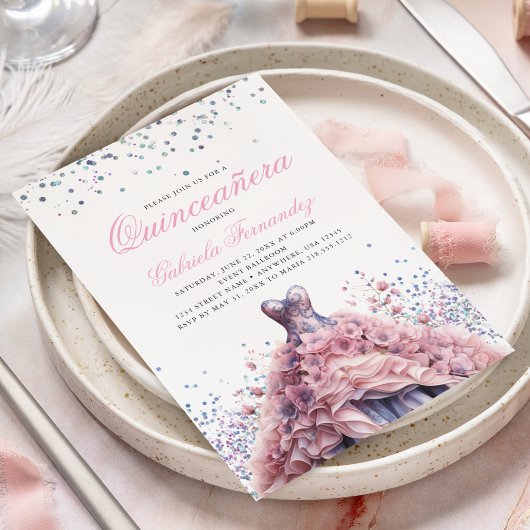 Invitation Élégante robe rose florale Quinceanera