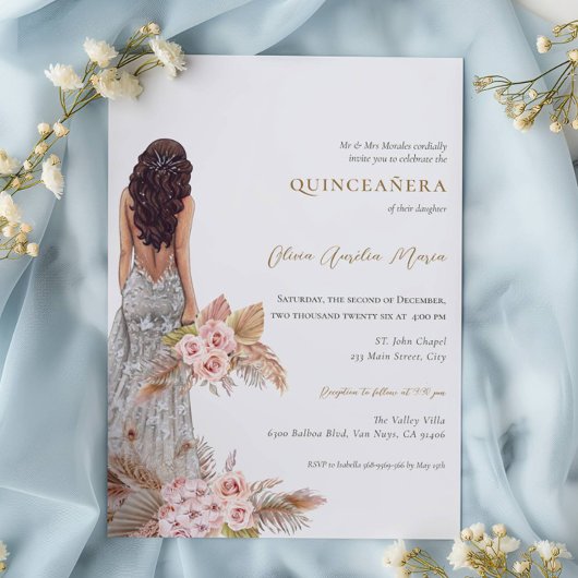 Invitation Élégante robe Rose Pampas Herbe Quinceanera