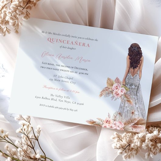 Invitation Élégante robe Rose Pampas Herbe Quinceanera