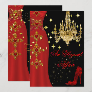 Invitation Élégante Robe Rouge Affaire Lustre Doré Anniversai