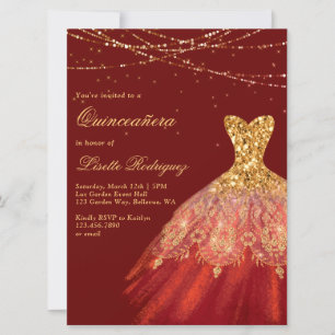 Invitation Élégante Robe Rouge Et Or Quinceanera